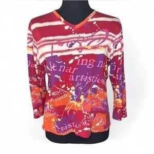 Vintage Y2K Lynn Ritchie Multicolor Mixed Print 3/4 Sleeve Silk V-Neck Top L